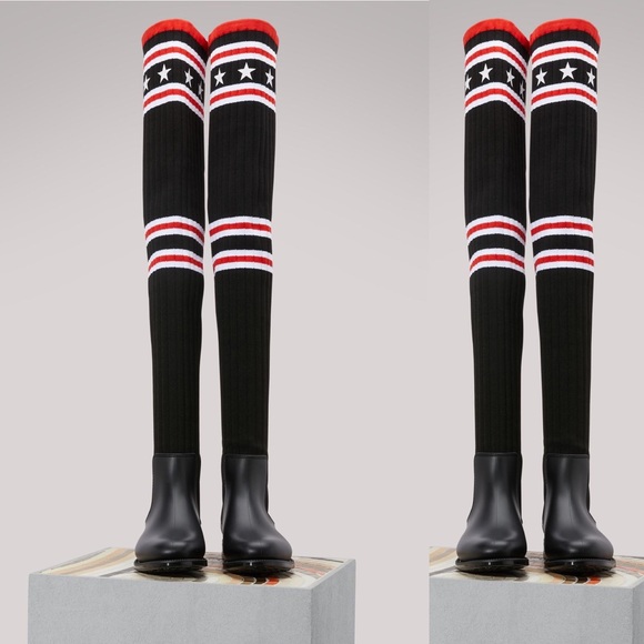 NIB. Givenchy. Storm rubber and ribbed-knit thigh sock boots. - Picture 5 of 13